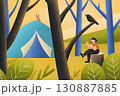 森の中でキャンプをする人と動物 130887885