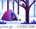 森の中でキャンプをする人と鳥 130887886