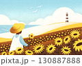 海辺のヒマワリ畑と人の後ろ姿 130887888