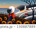 海辺のヒマワリ畑と建物と人の後ろ姿 130887889