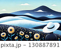 山をバックに丘の上のヒマワリ畑と人の後ろ姿 130887891
