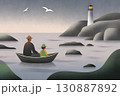 海辺で小舟に乗る親子 130887892