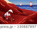 ヨットと灯台をバックに砂浜で遊ぶ子供 130887897