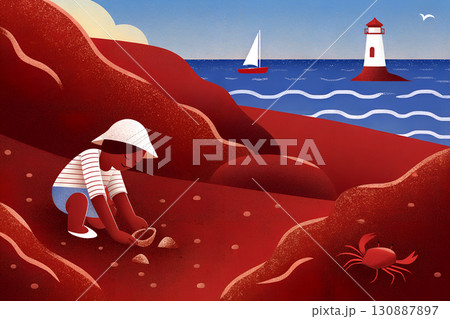 ヨットと灯台をバックに砂浜で遊ぶ子供 130887897