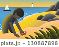 ヨットと灯台をバックに砂浜で遊ぶ子供 130887898
