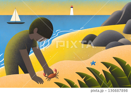 ヨットと灯台をバックに砂浜で遊ぶ子供 130887898
