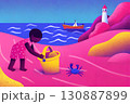 ヨットと灯台をバックに砂浜で遊ぶ子供 130887899