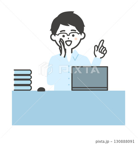 デスクでノートパソコンを使い口に手を当てて呼ぶ男性イラスト 130888091