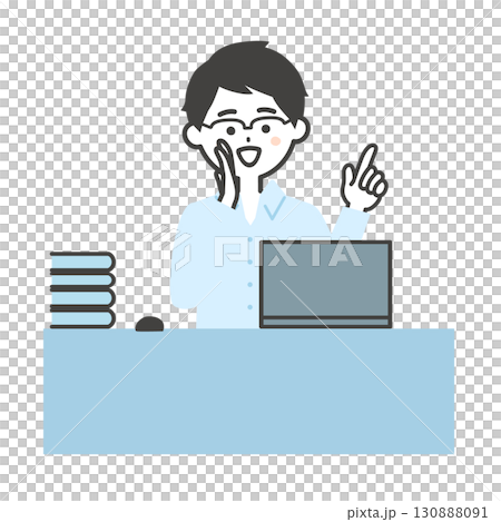 デスクでノートパソコンを使い口に手を当てて呼ぶ男性イラスト 130888091