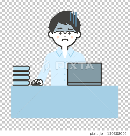 デスクでノートパソコンを使うどんよりした表情の男性イラスト 130888093