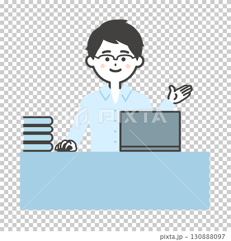 一名男子在辦公桌上使用筆記型電腦時指著某物的圖片 130888097