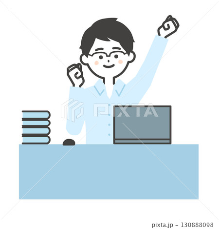 デスクでノートパソコンを前にこぶしを突き上げる男性イラスト 130888098