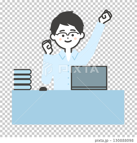 デスクでノートパソコンを前にこぶしを突き上げる男性イラスト 130888098