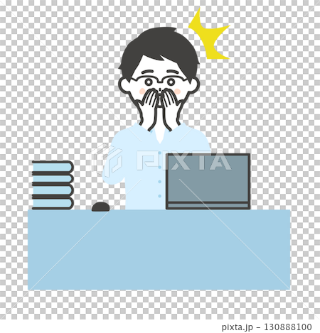 Illustration of a man using a laptop at his desk with his hand over his mouth in surprise 130888100