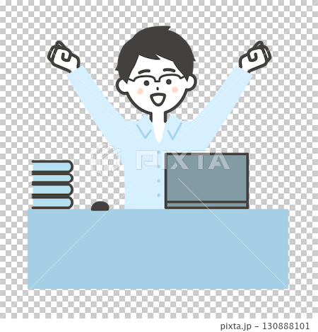 一位男士在辦公桌前使用筆記型電腦時進行伸展運動的插圖 一位男士在辦公桌前使用筆記型電腦時進行伸展運動的插圖 130888101