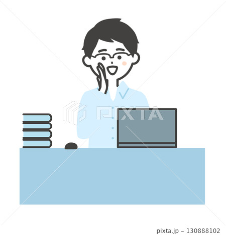 デスクでノートパソコンを使い口に手を当てて呼ぶ男性イラスト 130888102