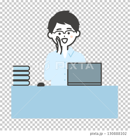 デスクでノートパソコンを使い口に手を当てて呼ぶ男性イラスト 130888102