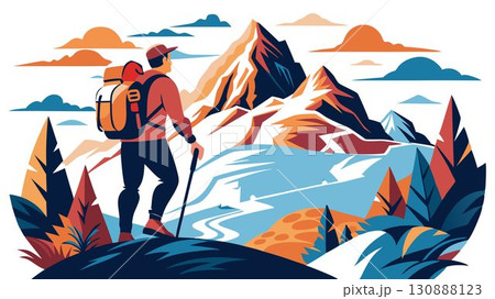 This high resolution image captures the dramatic scale of a mountain trek, with the hiker's determined figure sharply defined, producing a sophisticated and motivational aesthetic ideal for adventure 130888123