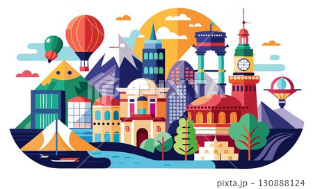 This high resolution image captures the vibrant energy and cultural richness of a city exploration, beautifully contrasting the iconic landmarks with the bustling street life, producing a sophisticat 130888124