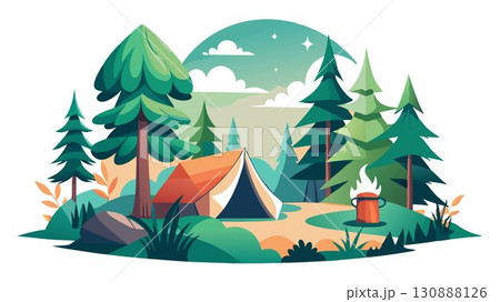 This high resolution image captures the serene beauty and tranquil atmosphere of a forest camping scene, beautifully contrasted against a minimalist white background, producing a sophisticated and in 130888126
