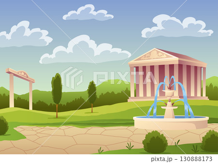 Greek or roman temple building, ancient architecture with columns and pediment. Summer landscape with antique palace with pillars and road near fountain, vector cartoon illustration 130888173