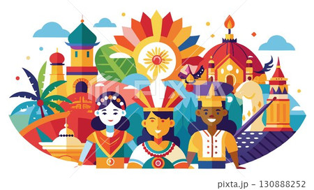 This high resolution image captures the vibrant energy and diverse expressions of cultural festivals from around the world, producing a sophisticated and inspiring aesthetic ideal for travel publicat 130888252
