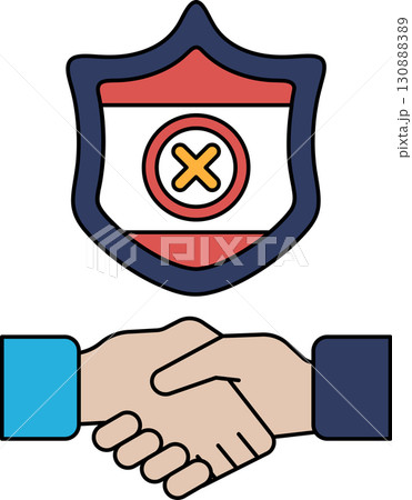 A black and white image of two hands shaking with a shield in the background 130888389
