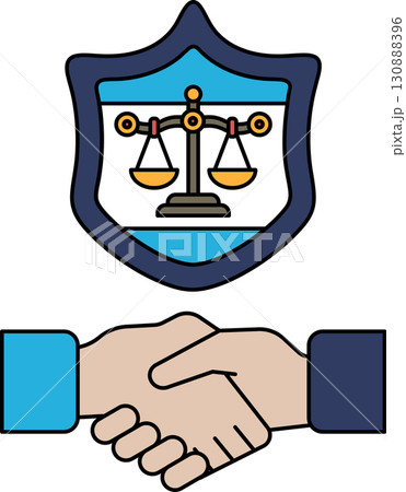 A black and white drawing of two hands shaking hands in front of a shield with s A black and white drawing of two hands shaking hands in front of a shield with s 130888396