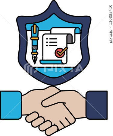 A black and white image of two hands shaking with a shield behind them A black and white image of two hands shaking with a shield behind them 130888410