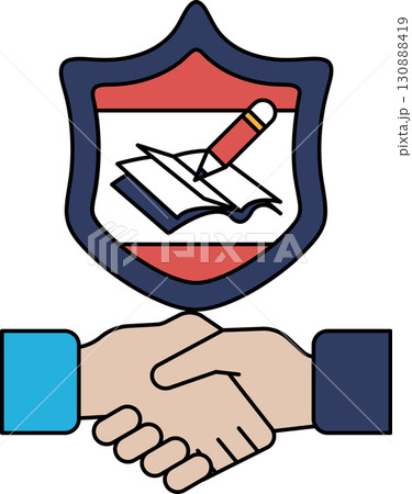 A black and white drawing of two hands shaking hands with a shield behind them 130888419