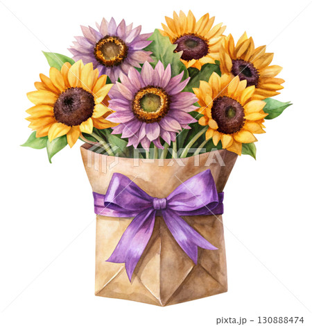 A minimal watercolor brown paper bag filled with bright sunflowers clipart watercolor white background  130888474