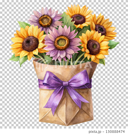 A minimal watercolor brown paper bag filled with bright sunflowers clipart watercolor white background  130888474