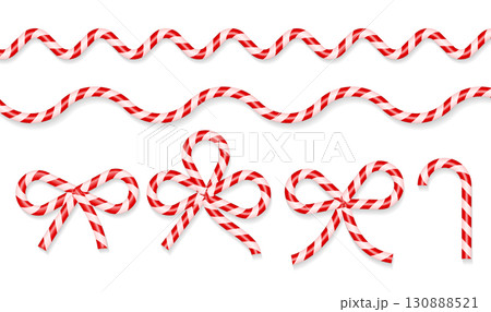 Candy cane borders and bows set. Red and white stripes. 3d Vector illustration 130888521