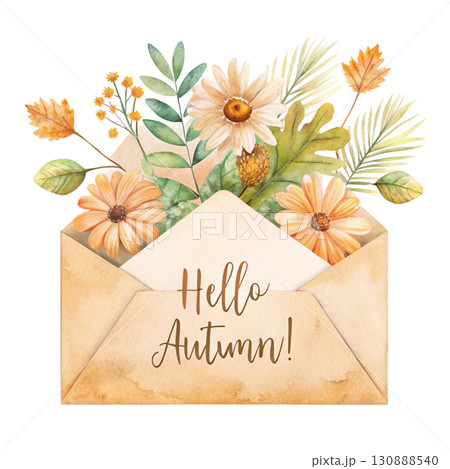 A minimal watercolor illustration of an open beige envelope with the card inside saying Hello Autumn clipart watercolor white background  130888540