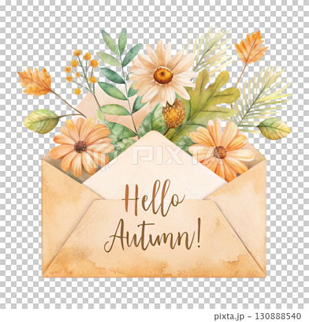 A minimal watercolor illustration of an open beige envelope with the card inside saying Hello Autumn clipart watercolor white background  130888540