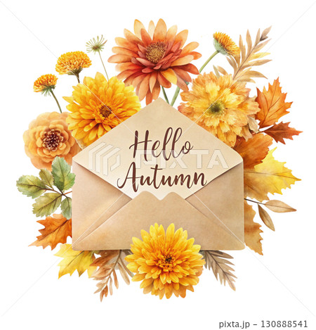 A minimal watercolor illustration of an open beige envelope with the card inside saying Hello Autumn clipart watercolor white background  130888541