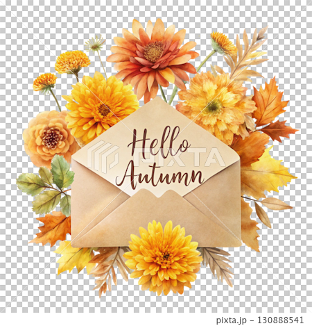 A minimal watercolor illustration of an open beige envelope with the card inside saying Hello Autumn clipart watercolor white background  130888541