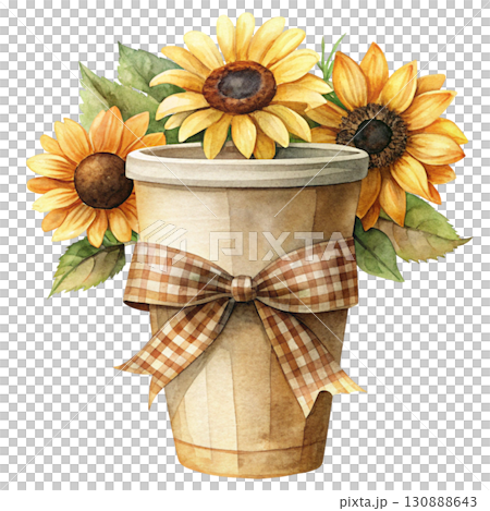 A minimal watercolor paper coffee cup filled with bright sunflowers white background 130888643