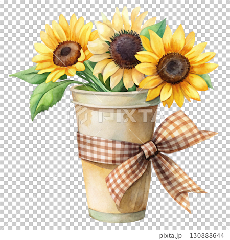 A minimal watercolor paper coffee cup filled with bright sunflowers white background 130888644