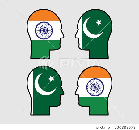 India vs Pakistan Head to Head Contrasting India and Pakistan Ideologies. India and Pakistan Flags in Profile Head Silhouette.. India vs Pakistan Head to Head Contrasting India and Pakistan Ideologies. India and Pakistan Flags in Profile Head Silhouette.. 130888678