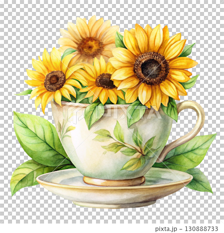 A minimal watercolor tea cup with bright sunflowers white background 130888733