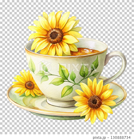 A minimal watercolor tea cup with bright sunflowers white background 130888734