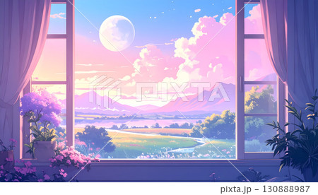 夕焼けの河と街並みが見えるエモい風景が見える窓 夕焼けの河と街並みが見えるエモい風景が見える窓 130888987