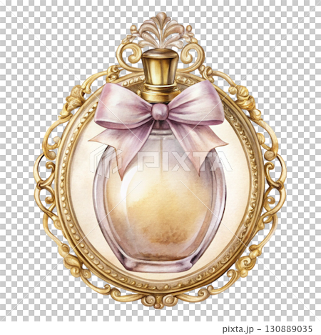 A watercolor illustration of a luxury pink crystal perfume bottle clipart watercolor white background  130889035