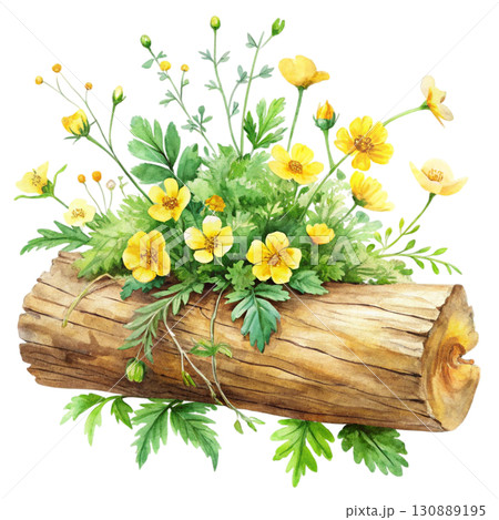 A watercolor illustration of a wooden log surrounded by bright yellow clipart watercolor white background  A watercolor illustration of a wooden log surrounded by bright yellow clipart watercolor white background  130889195