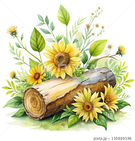 A watercolor illustration of a wooden log surrounded by bright yellow clipart watercolor white background  130889196