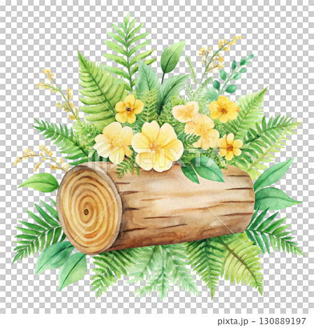 A watercolor illustration of a wooden log surrounded by bright yellow clipart watercolor white background  130889197