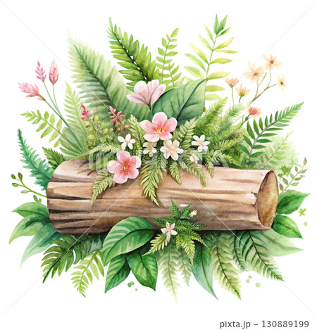 A watercolor illustration of a wooden log surrounded by bright yellow clipart watercolor white background  130889199