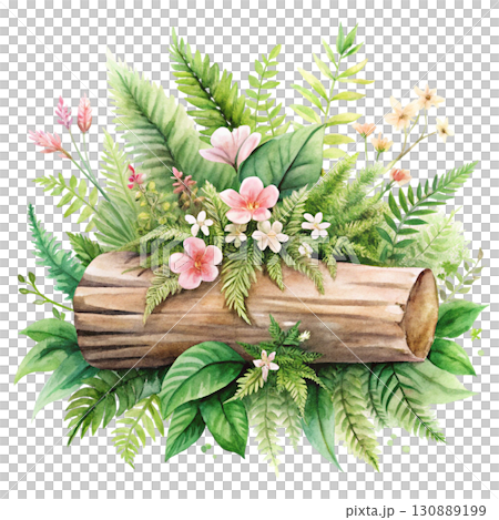 A watercolor illustration of a wooden log surrounded by bright yellow clipart watercolor white background  130889199