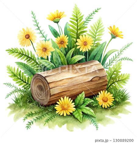 A watercolor illustration of a wooden log surrounded by bright yellow clipart watercolor white background  130889200